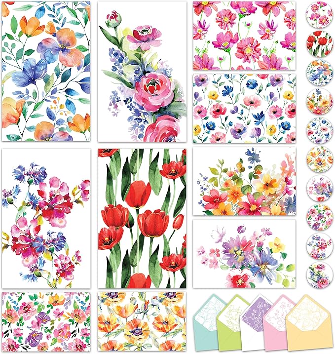 Decorably 50 Pack 6x4in Blank Floral Cards with Envelopes and Stickers, 10 Flower Designs - All Occasions, Appreciation, Weddings, Anniversary, Gifting, Mailing