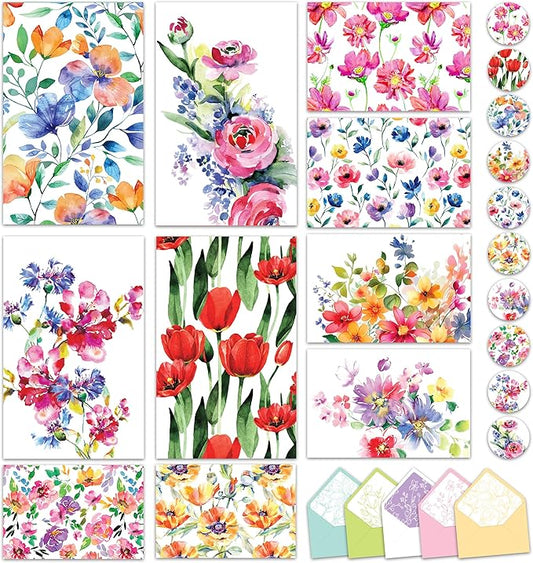 Decorably 50 Pack 6x4in Blank Floral Cards with Envelopes and Stickers, 10 Flower Designs - All Occasions, Appreciation, Weddings, Anniversary, Gifting, Mailing