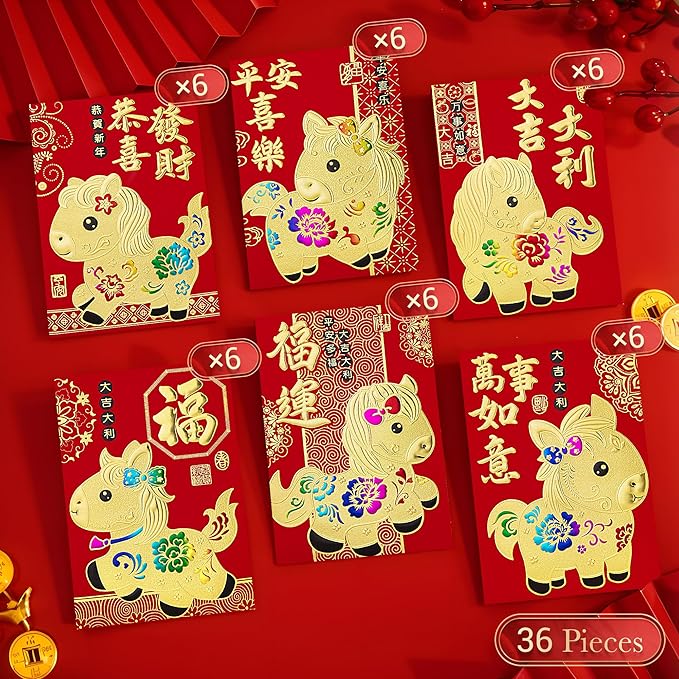 36pcs Red Envelopes Chinese New Year, Chinese Traditional Lucky Money Hong Bao Red Envelope Pockets for 2026 Spring Festival, Lunar New Year, 6 Cartoon Horse Designs,M