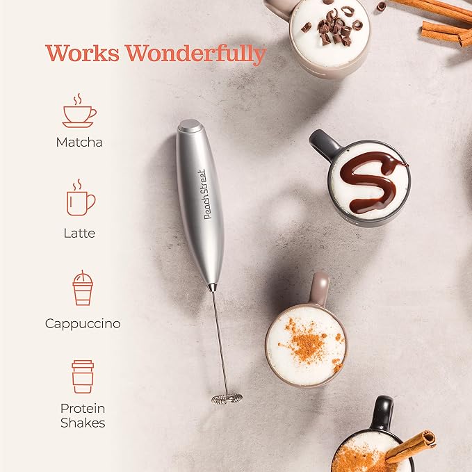 Powerful Handheld Milk Frother, Mini Milk Foamer, Battery Operated (Not included) Stainless Steel Drink Mixer with Frother Stand for Coffee, Lattes, Cappuccino, Frappe, Matcha, Hot Chocolate.