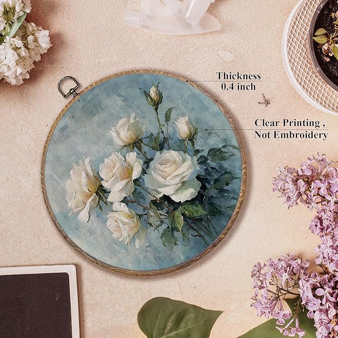 FUGWN Vintage Rose Floral Round Wall Art Decor Framed, Cottagecore White Floral Canvas Artwork Prints, Rustic Farmhouse Flower Wall Hanging Decorations for Home Bedroom Living Room, 10x10 Inch