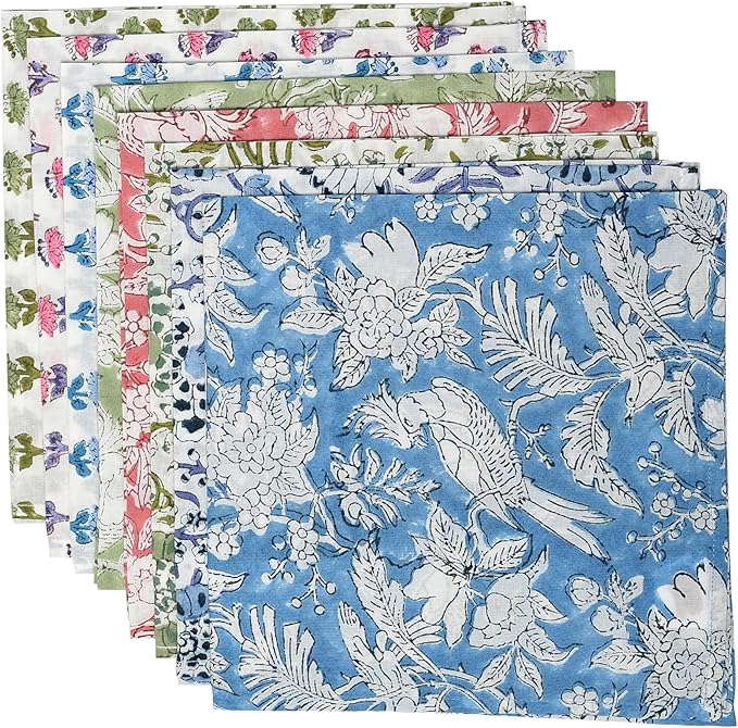 CPC Cloth Napkins 100% Cotton Set of 4 Reusable Napkins, Indian Block Print Toile Floral Dinner Napkin, Fall Thanksgiving Christmas Holiday Party Gift - Soft Absorbent Napkin, 18"x18" Mix