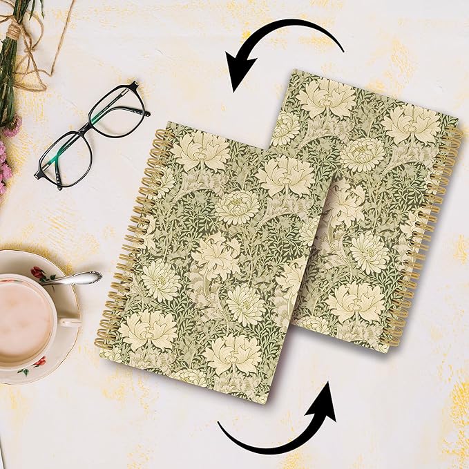 Vintage Flower Journal Notebook - Aesthetic Botanical Green Floral Notebooks College Ruled for Work School, Gifts for Women Coworker, Office Supplies, Hardcover Spiral Notebook 5.5"x8.3"