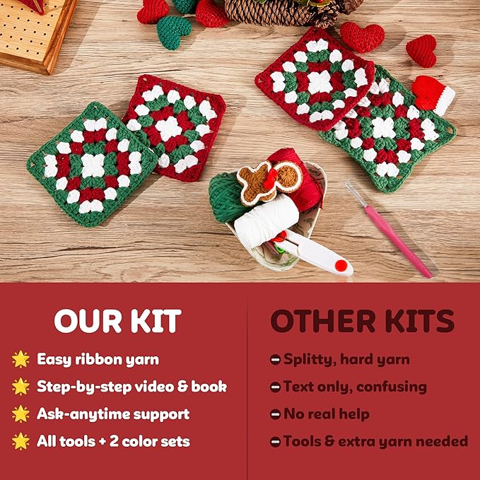 OAKWOOMA Crochet Kit for Beginners, Easy Arts and Crafts Knitting & Crochet Coaster Kit with Step-by-Step Video Tutorials, Crochet Starter Kits for Adults, Teens, Kids (Christmas Granny Square)