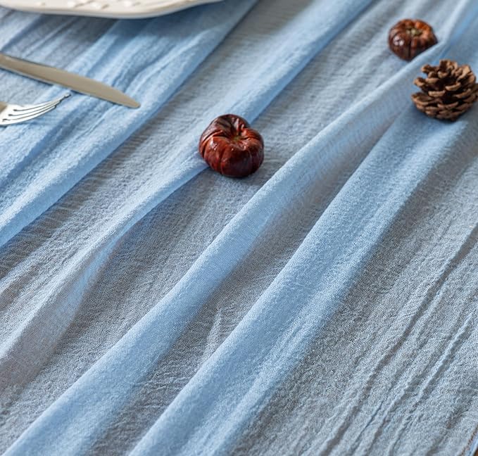 Keketoarrange 6pcs Light Blue Gauze Rustic Cheesecloth Table Runner 120 Inch 10 FT for Wedding Baby Shower Bridal Shower Birthday Engagement Garden Outdoor Party Long Sheer Boho Decorations