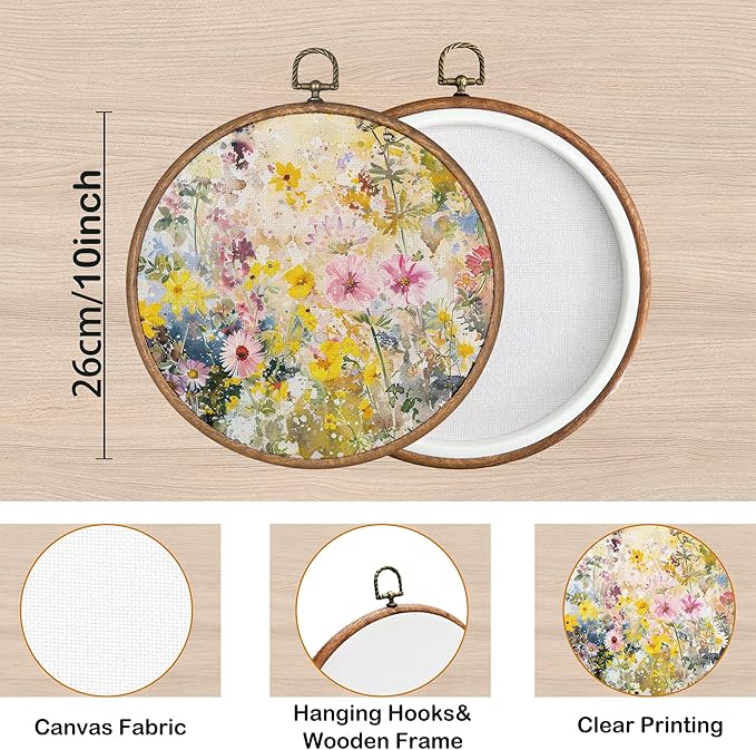 KSDUT Spring Floral Botanical Wall Decor Art - Pink Flower Wall Art Canvas Frame Hanging Prints, Preppy Trendy Wildflower Round Wall Art Decor for Farmhouse Gallery Home Decorations 10"x10"