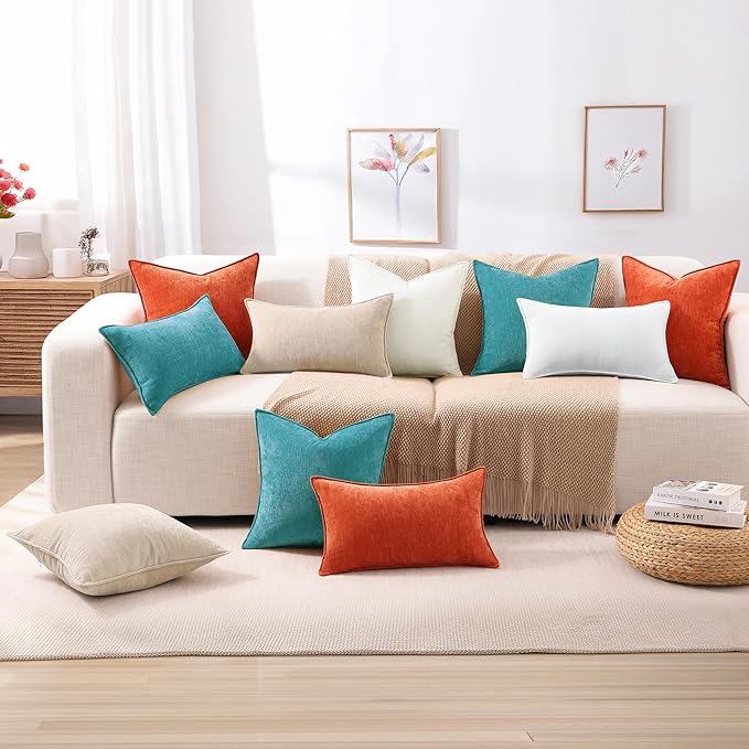 decorUhome Spring Couch Throw Pillow Covers 20x20 Set of 2, Decorative Soft Velvet Neutral Chenille Pillow Covers with Elegant Design for Sofa Bed Living Room Home Decor, Teal
