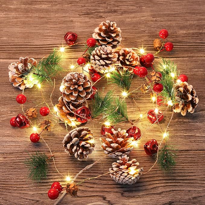 Christmas Decorations Indoor-10FT Enchanting Christmas Garland with 30 LED Lights Battery Operated-Realistic Red Berries & Pine Cones Decor for Tree,Fireplace Mantel,Indoor Holiday Home Decor