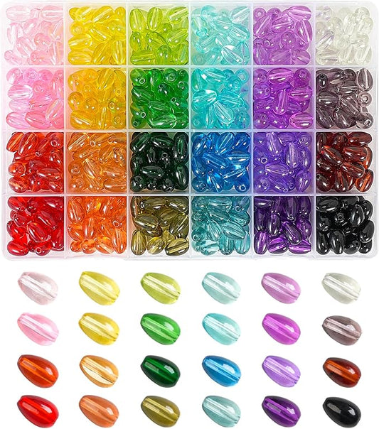 REVKI 8 * 10mm Glass Beads Bracelet Making Kit,500pcs 24 Colors Rice Shaped Natural Bamboo Crystal Beads for Jewelry Making,Teardrop Glass Beads for DIY Necklace Crafts