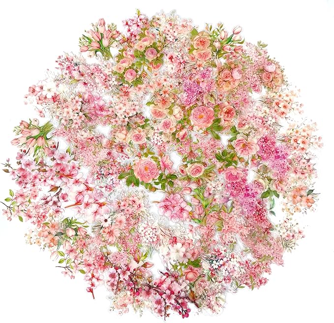 180Pcs Floral Scrapbook Stickers for Junk Journal, Nature Flower Clear PET Stickers for Scrapbooking, Planner, Journaling Supplies, Bullet Journal, Crafting (Pink Garden)