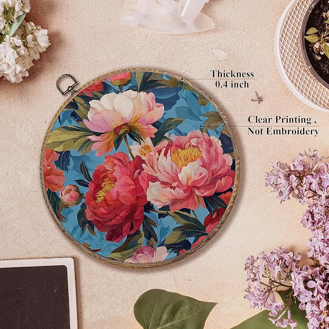 FUGWN Retro Peony Floral Round Wall Art Decor Framed, Cottagecore Floral Canvas Artwork Prints, Rustic Botanical Flower Wall Hanging Decorations for Home Bedroom Living Room, 10x10 Inch