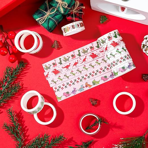 Christmas Dinosaur Washi Tape - 12 Rolls Dinosaur Footprints Christmas Trees Designs, Free Adhesive for Gift Wrapping, Scrapbook, Kids Crafts, Photo Albums, Journal Decor & DIY Projects