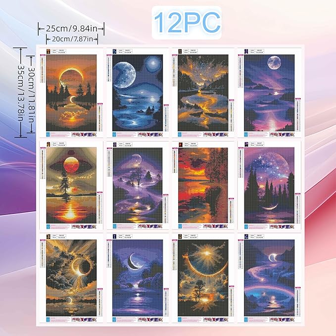 12 Pack Diamond Art Kits for Adults, Moon Landscape 5D Diamond Painting for Adult Beginners,DIY Full Drill Round Gem Painting Dot Art Sets,Home Wall Decor 9.8x13.8 Inch