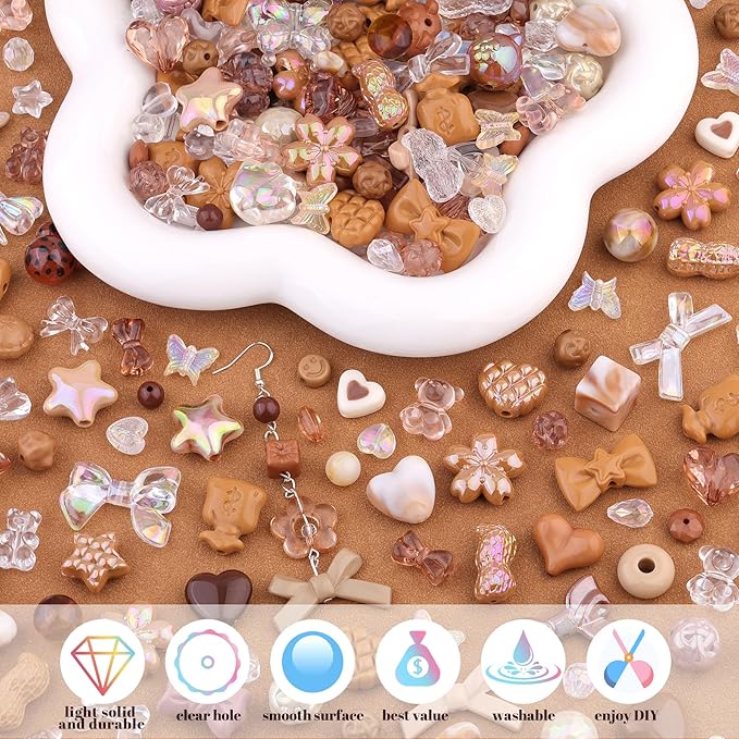 200-260PCS TINKRSTUFF Assorted Acrylic Beads Brown Cute Beads for Bracelet Making, Aesthetic GummyBear Bow Flower Candy Butterfly Kawaii Charms for Jewelry Making DIY Necklace Keychain Phone Charm