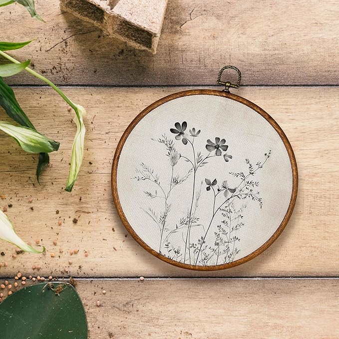 KSDUT Vintage Boho Mid Century Black Flower Floral Wall Decor Art - Botanical Neutral Wall Art Canvas Frame Hanging Prints, Retro Landscape Wildflower Round Wall Art Decor for Home Decorations 10"x10"