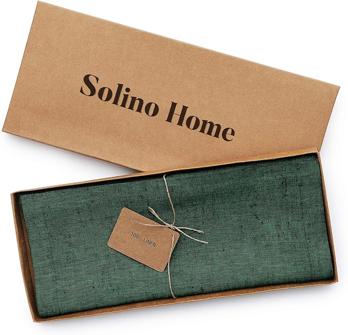 Solino Home Linen Small Table Runner 60 Inches - Athena, 100% Pure Linen Forest Green Table Runner 14 x 60 Inch Ideal for Dresser and Coffee Tables - Winter, Easter, St Patricks Day