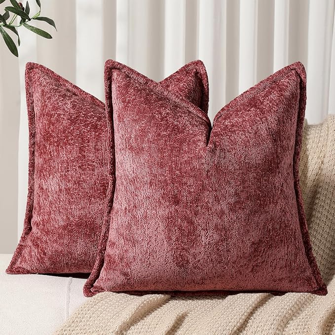 Pack of 2 Christmas Burgundy Fall Decorative Throw Pillow Covers 18x18 Cozy Soft Chenille Accent Vintage Square Couch Pillow Covers for Home Decor Bed Sofa Living Room