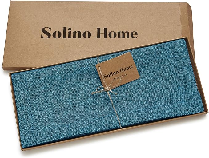 Solino Home Linen Table Runner 36 Inches - 100% Pure Linen Chambray Teal Table Runner 14 x 36 Inch Ideal for Dresser and Coffee Tables - Athena - Spring, Easter, St Patricks Day