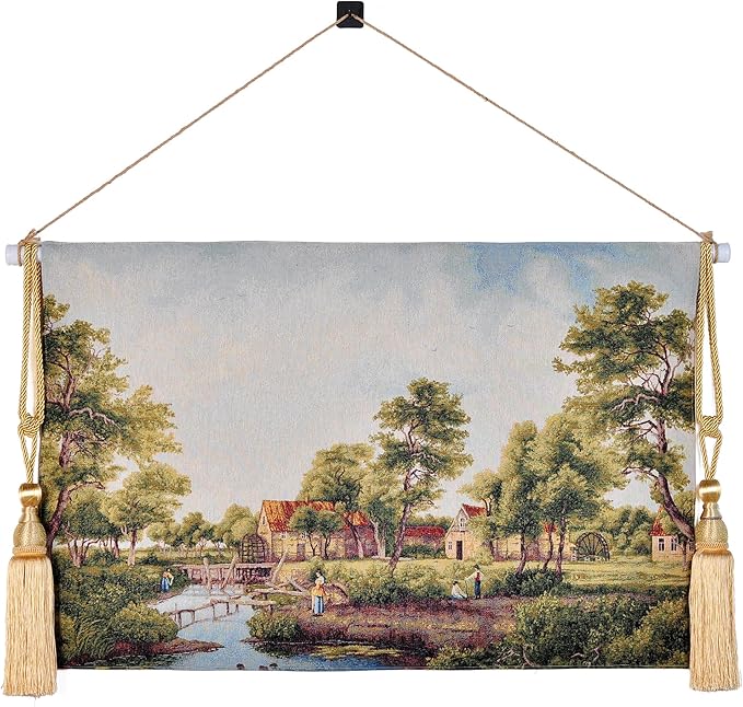 Vintage Nature Tapestry Wall Hanging Set with Telescopic Rod & Tassels - Jacquard Woven Fabric Aesthetic Country Landscape Wall Tapestry for Bedroom/Living Room Decor Green Art (42"x27") (Lush - green, idyllic village by the stream)