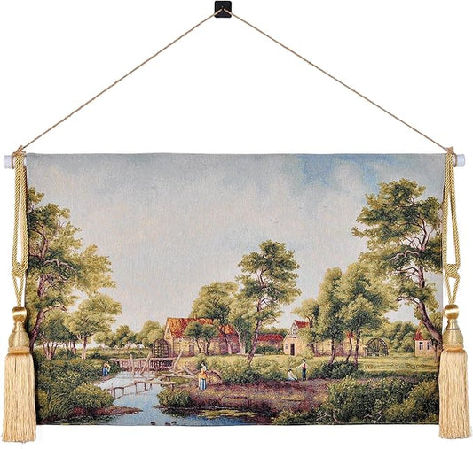 Vintage Nature Tapestry Wall Hanging Set with Telescopic Rod & Tassels - Jacquard Woven Fabric Aesthetic Country Landscape Wall Tapestry for Bedroom/Living Room Decor Green Art (42"x27") (Lush - green, idyllic village by the stream)