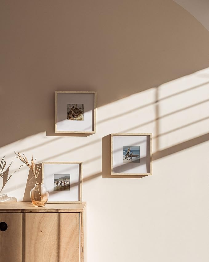 HAUS AND HUES Beige Oak Wood 8x8 Picture Frames - Set of 3, Square Frames with Mat, Natural Frames for Photos (8x8 in, Beige, Set of 3)