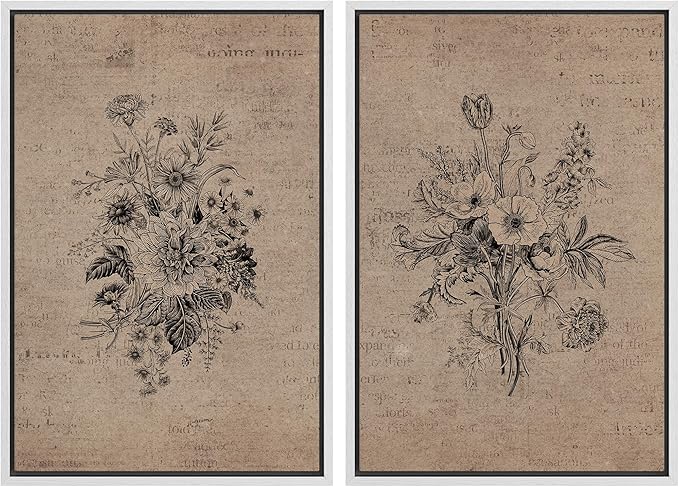 SIGNWIN Framed Canvas Print Wall Art Set Antique Floral Bouquets Vintage Engraved Flowers Modern Minimalism Decorative Nordic for Living Room, Bedroom, Office - 16"x24"x2 White
