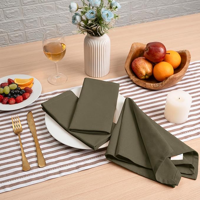 Blue Needles Solid Cloth Napkins Set of 12 Olive Green 100% Cotton Dinner Napkins 18x18 inches, Soft, Reusable, Absorbent, Washable Linen, Ideal for Christmas Events, Parties & Everyday Use