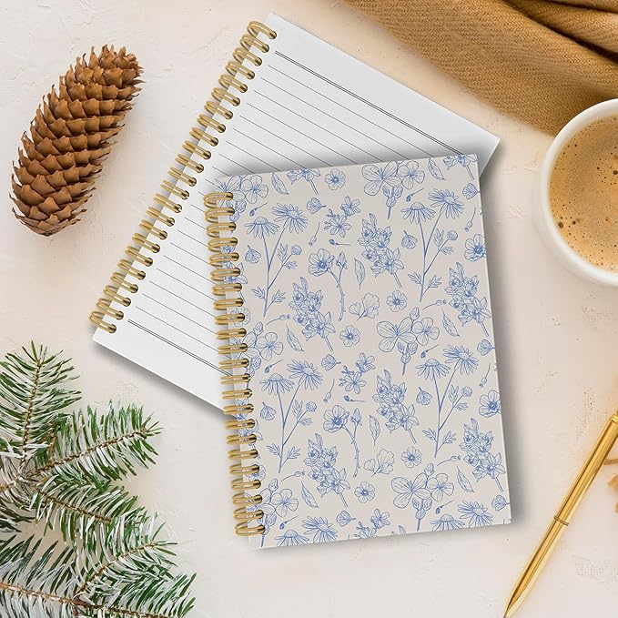 Pugwak Vintage Floral Journal Notebook - Aesthetic Botanical Beige Flower Notebooks College Ruled for Work School, Gifts for Women Coworker, Office Supplies, Hardcover Spiral Notebook 5.5"x8.3"