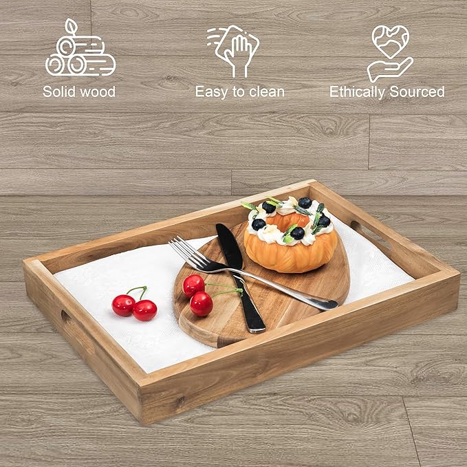 Natural Acacia Wooden Rectangular Serving Tray with Handles, Set of 2 (15"x11" & 13"x10"), Large Tray for Ottoman, Breakfast in Bed, Dinner, Coffee Table Decor & Kitchen