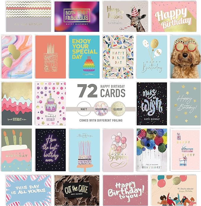 easykart labels 72 Birthday Cards Assortment with Greetings Inside. For Businesses and Individuals, 4 x 5.5 Inch Assorted Foiling Cards with Envelope with Sealing Stickers