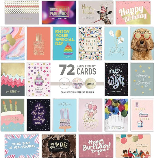 easykart labels 72 Birthday Cards Assortment with Greetings Inside. For Businesses and Individuals, 4 x 5.5 Inch Assorted Foiling Cards with Envelope with Sealing Stickers