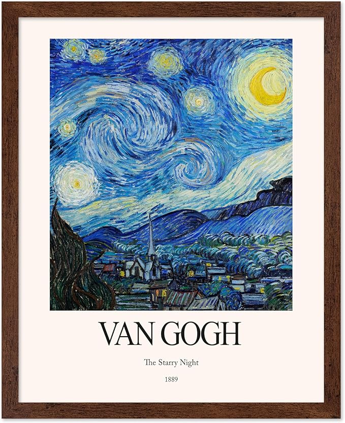 Monem Art Vintage Van Gogh Poster - Retro Impressionist Print - The Starry Night, Moon, Stars, Abstract - Gift for Artist, Friend - Wall Decor for Home, Office, 16x20 Brown Framed