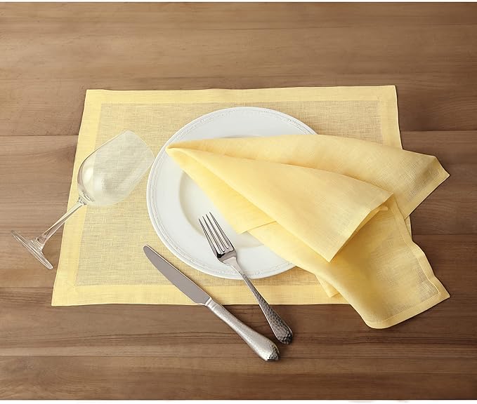 Solino Home Linen Yellow Placemats Set of 4 - 100% Pure Linen Placemats 14 x 19 Inch for Spring, Easter - Fete