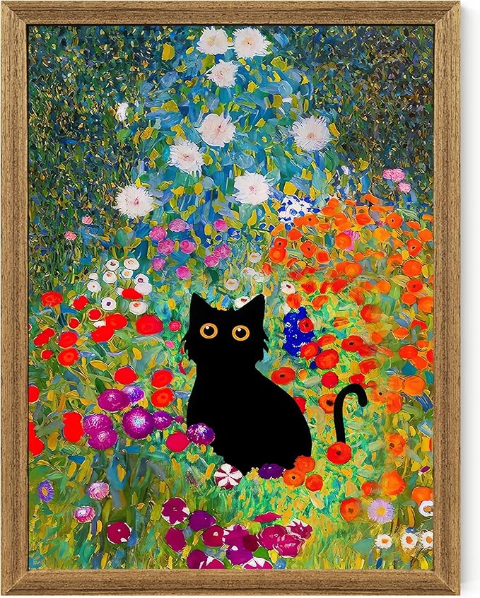 Fantasy Artists Gustav Klimt Canvas Wall Art, Framed Aesthetic Cat Floral Wall Decor, Garden Flower Black Cat Poster Paintings for Living Room Bedroom Bathroon, Dorm Home Decorations, 12" X 16"