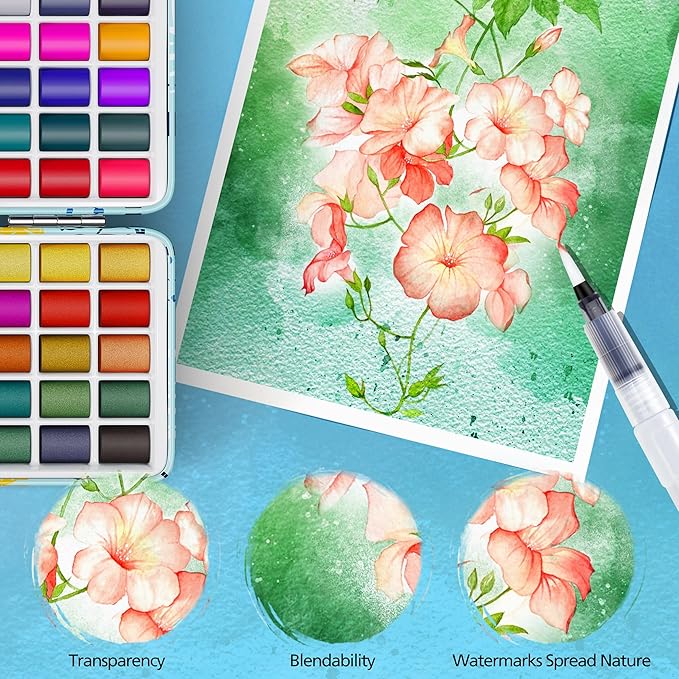 Caliart Watercolor Paint Set, 100 Colors Portable Travel Water Color Palette Kit with Detail Paint Brush, Art Supplies for Painting Coloring, Christmas Gifts for Artist Adult Teen Girls Boys Beginners