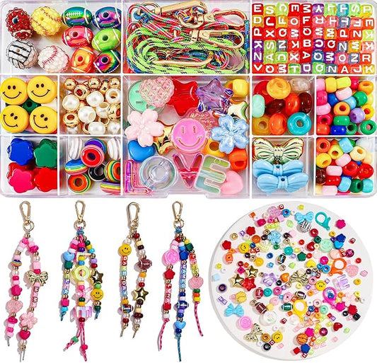 HolidayQbee DIY Bead Keychain Making Kit Beads-304 PCS Beaded Bag Charm Making Kit Rugby Football Letter Alphabet Name Beads Key Chain Making Kit Jewelry Supplies for Kid Girl Christmas Gifts