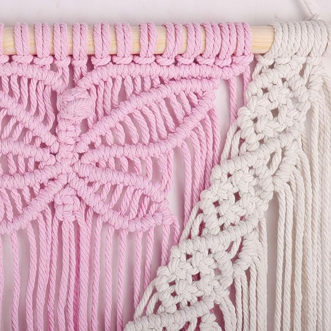 LB Macrame Wall Hanging, Pink Butterfly Tapestry Wall Hanging Decor Boho Art Wall Decor Bohemian Handmade Yarn Macrame Wall Art for Living Room Apartment Office Backdrop,13" W x 25.6" L