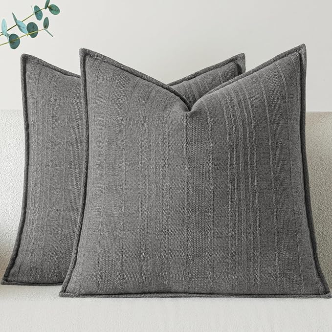 a moment Linen Pillow Covers Set of 2,Boho Farmhouse Throw Pillowcases Neutral Textured Decorative Covers for Couch Sofa,Soft Linen Blend Accent Case Cushion Living Room Home Decor 24"x24"Rustic Gray