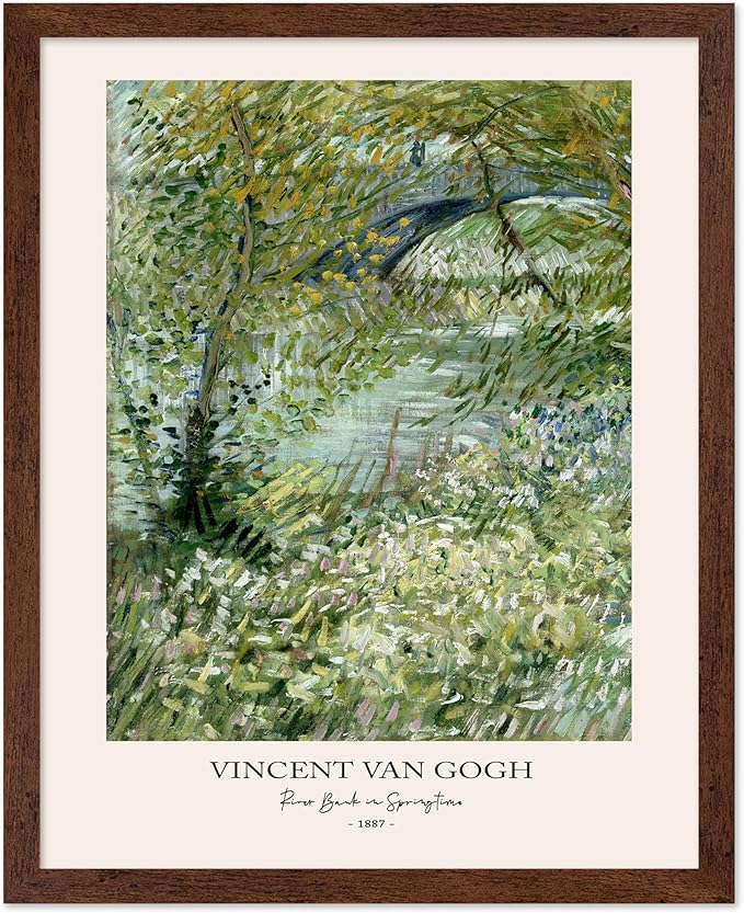 Monem Art Vintage Van Gogh Poster - Retro Impressionist Print - River Bank in Springtime, Flowers, Landscape - Gift for Artist, Friend - Wall Decor for Home, Office, 16x20 Brown Framed