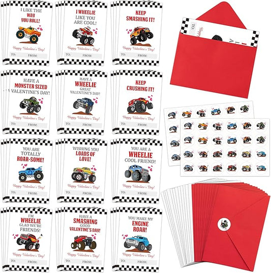 TICIAGA 144pcs Valentine’s Day Monster Truck Greeting Cards with Envelop and Sticker for Kid, 4 x 6 IN Monster Truck Notecard Exchange Gift for Boy Girl School Classroom Supply, Valentines Party Favor