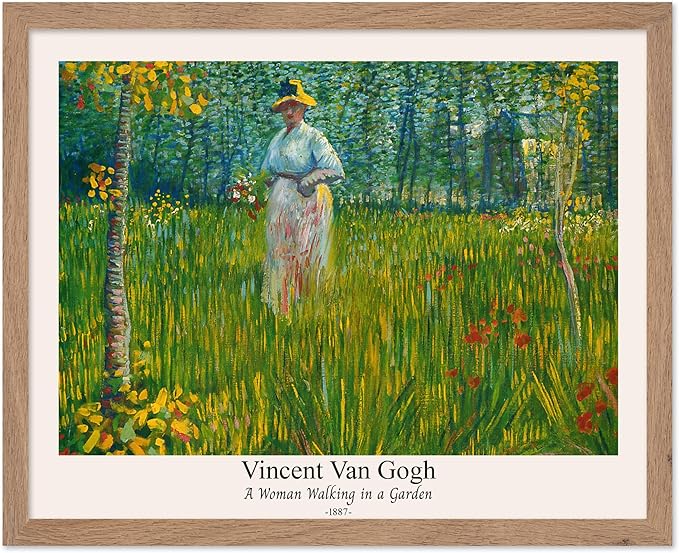 Monem Art Vintage Van Gogh Poster - Retro A Woman Walking In A Garden Print - Impressionism Art - Fine Art - Classic Painting Art - Floral Art - Bedroom or Office Decor - 11x14 Beige Framed
