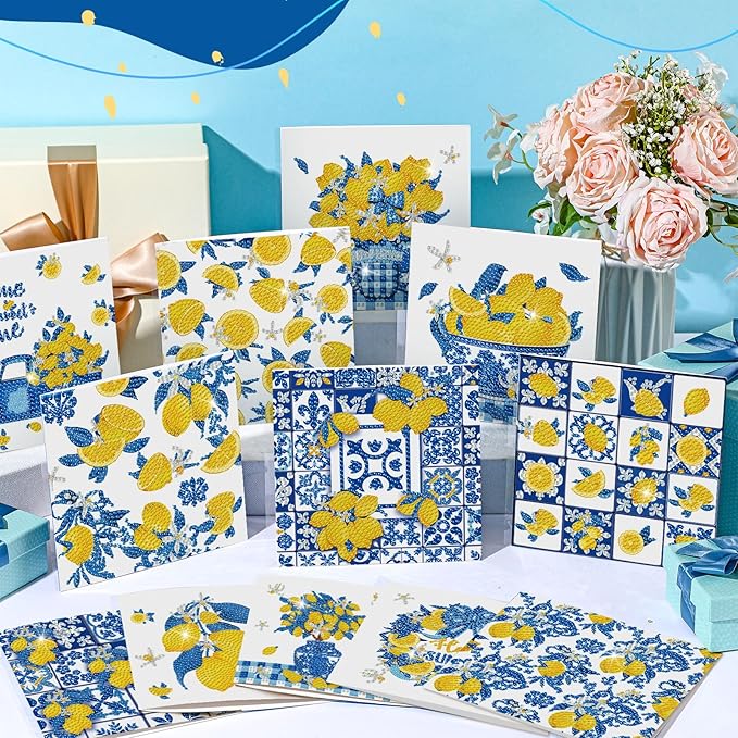 Saillong 12 Pack Capri Lemon Diamond Painting Greeting Card Kit with Envelopes Blue Yellow Lemon Diamond Art Cards 5D Rhinestones Painting Making Kits for Adult DIY Craft Family Friend Holiday Gifts