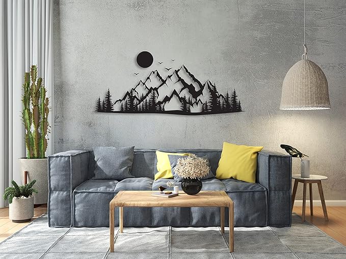 DecoSoul Mountain Metal Wall Art, Large Mountain Range View Decor, Nature and Forest Decorations, Home Decor, Fireplace Metal Wall Hanging for Living Room, Indoor or Outdoor, Modern Housewarming Gift