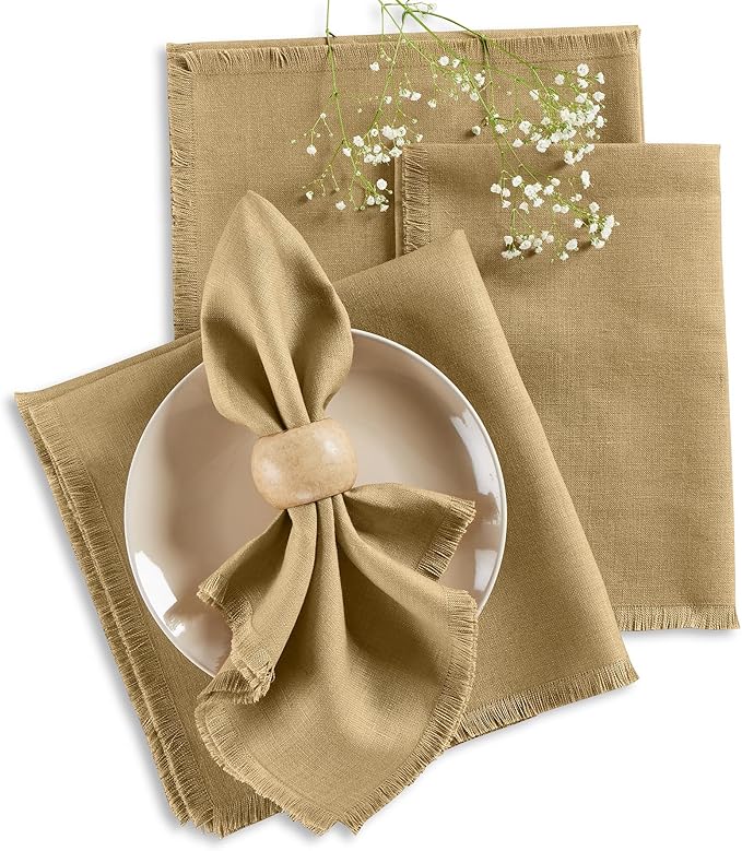 Solino Home Fringe Linen Cloth Napkins Set of 4-100% Pure Linen Kelp Dinner Napkins 20 x 20 Inch for Spring - Handcrafted and Machine Washable