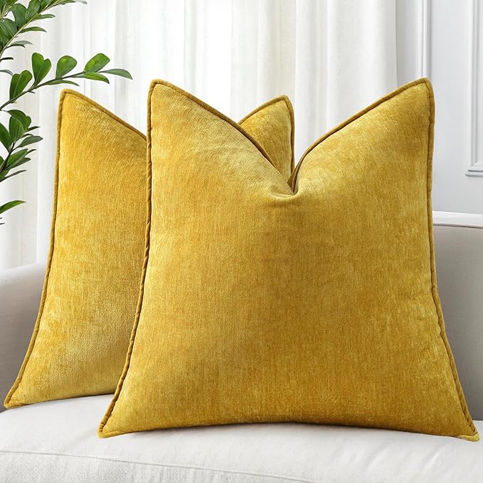 decorUhome Spring Couch Euro Sham Throw Pillow Covers 26x26 Set of 2, Decorative Soft Velvet Neutral Chenille Pillow Covers with Elegant Design for Sofa Bed Living Room Home Decor, Mineral Yellow