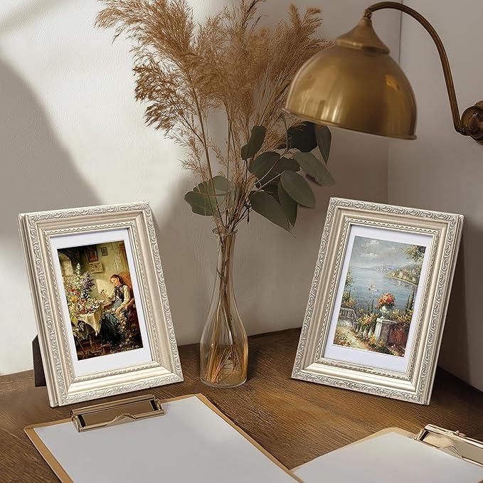 eletecpro 4x6 Picture Frames Set of 4, Ornate Vintage Photo Frames with Glass, Display 3.5x5 Photo with Mat or 4x6 without Mat for Tabletop or Wall Decor, Silver Beige