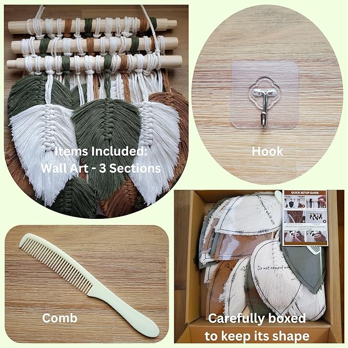 Large Macrame Wall Hanging Feather Decor – Handmade Cotton Cord Boho Room Decor for Bedroom, Nursery, Office – 39” W x 29.5” L (Green, Brown, White)