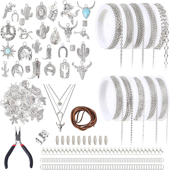 Meneng Necklace Jewelry Making Kit: 10 Rolls 78.7 Feet Silver Stainless Steel Chains for DIY Western Necklace Bracelet - Jewelry Making Supplies for Beginners