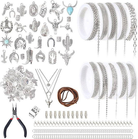 Meneng Necklace Jewelry Making Kit: 10 Rolls 78.7 Feet Silver Stainless Steel Chains for DIY Western Necklace Bracelet - Jewelry Making Supplies for Beginners