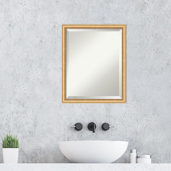 Amanti Art Gold Wall Mirror 22x18 Salon Scoop Gold Rectangle Bathroom Mirror for Wall Decor Living Room, Small Casual Wood Frame, Hangs Horizonally and Vertically, Bathroom Decor, Beveled Edge